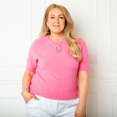 The watermelon pink Suri Alpaca Mix Short Sleeve Jumper with sleeves that fall just above the elbow and a round neckline